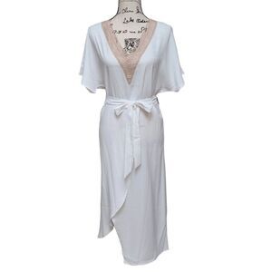 🤍 NWT Elegant Crochet Detail Waist Tie White Midi Dress with Belt SIZE M